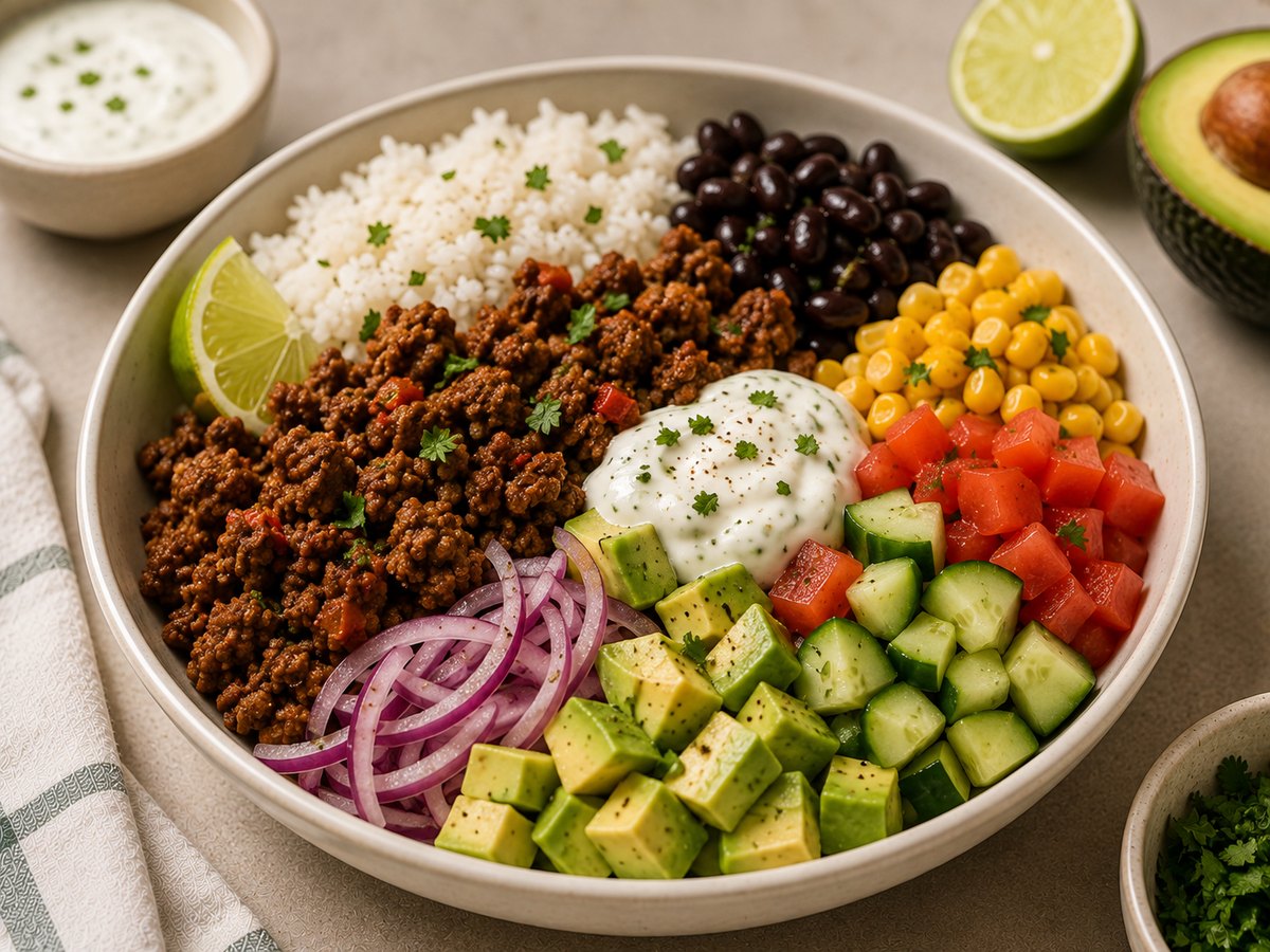Burrito bowl met gehakt en rijst